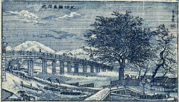 〔五條籬島霜夜〕 玄々堂 銅版藍刷(枠 7.0cm×12.5cm)